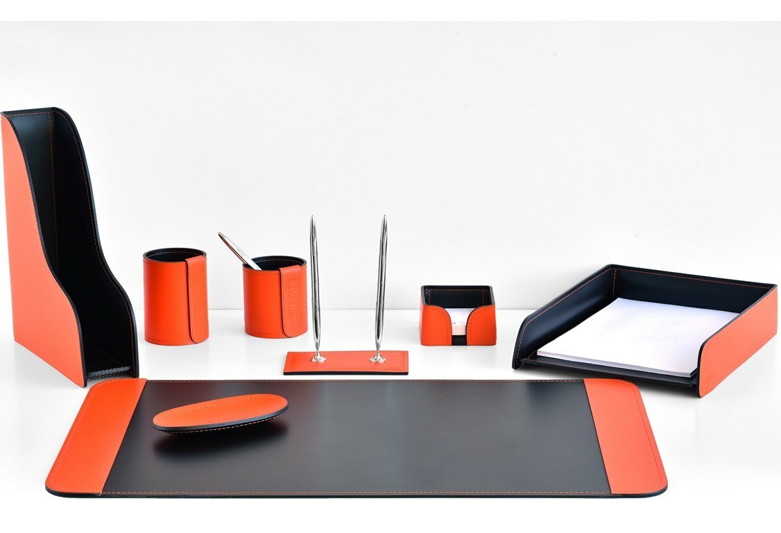 Настольный письменный набор 8 предметов из кожи оранж/шоколад