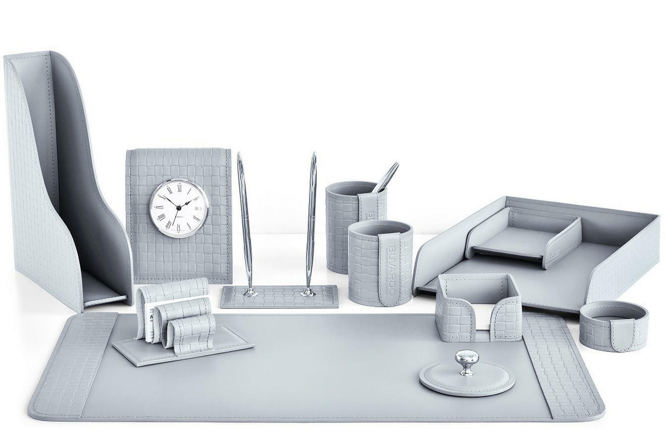 Набор настольный из кожи серый с часами- 12 предметов с тиснением Treccia
