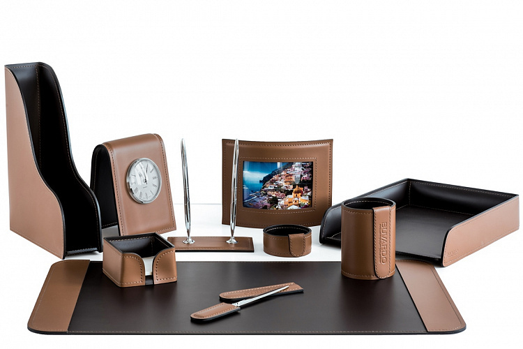 Настольный набор канцелярский из кожи табак/шоколад 10 предметов