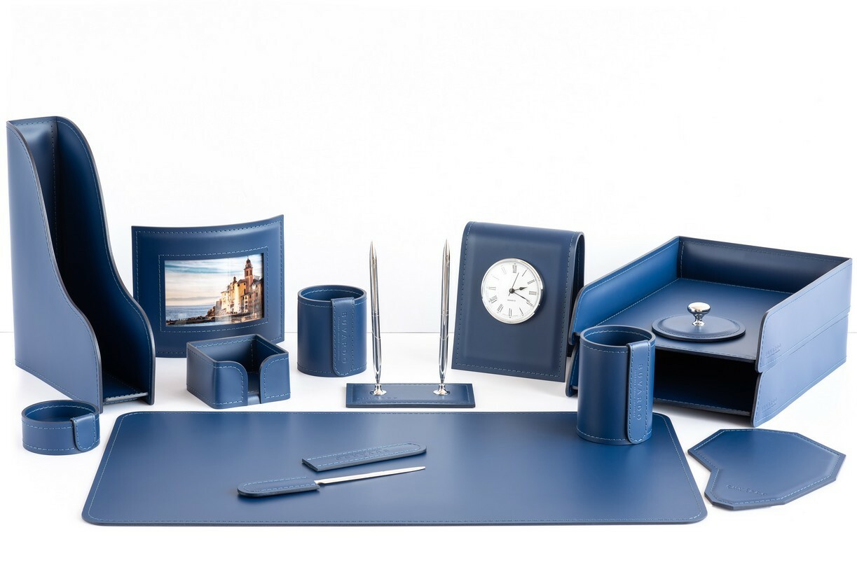 Настольный набор руководителя  14 предметов из синей кожи