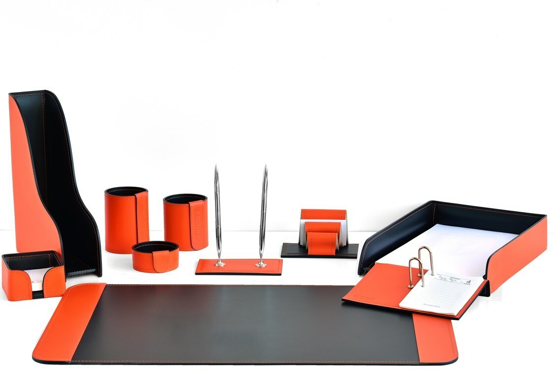 Набор настольный офисный из кожи оранж/шоколад 10 предметов