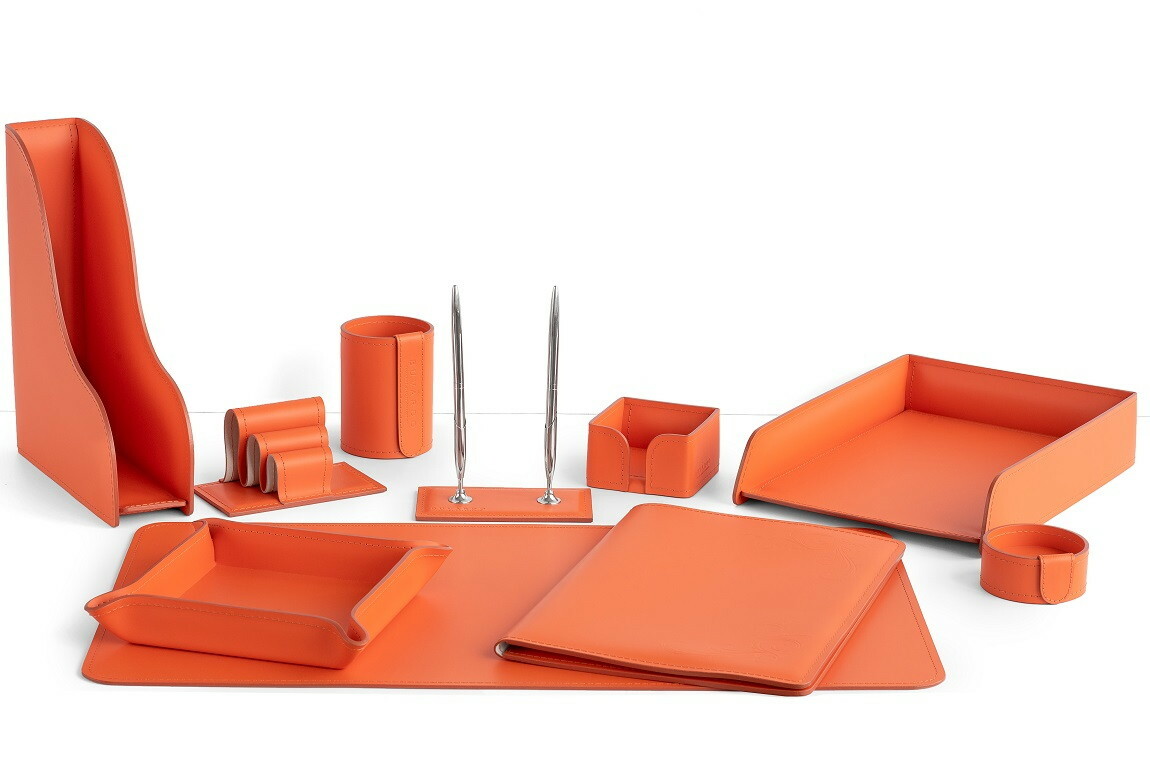 Настольный набор из оранежвой кожи с папкой 10предм