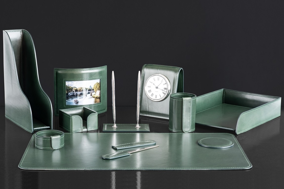 Настольный набор в кабинет директора 11предметов мз кожи люкс Full Grain Green