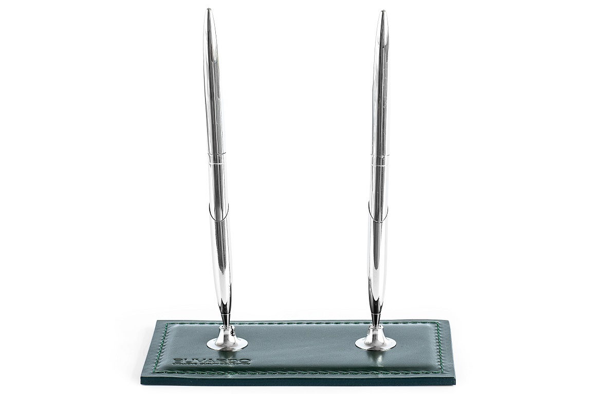 Подставка для 2х ручек из зеленой кожи full grain Green