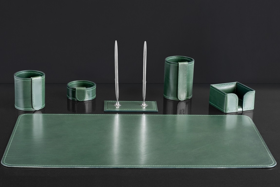 Подарочный настольный набор из зеленой кожи Full Grain Toscana Green 6 предметов