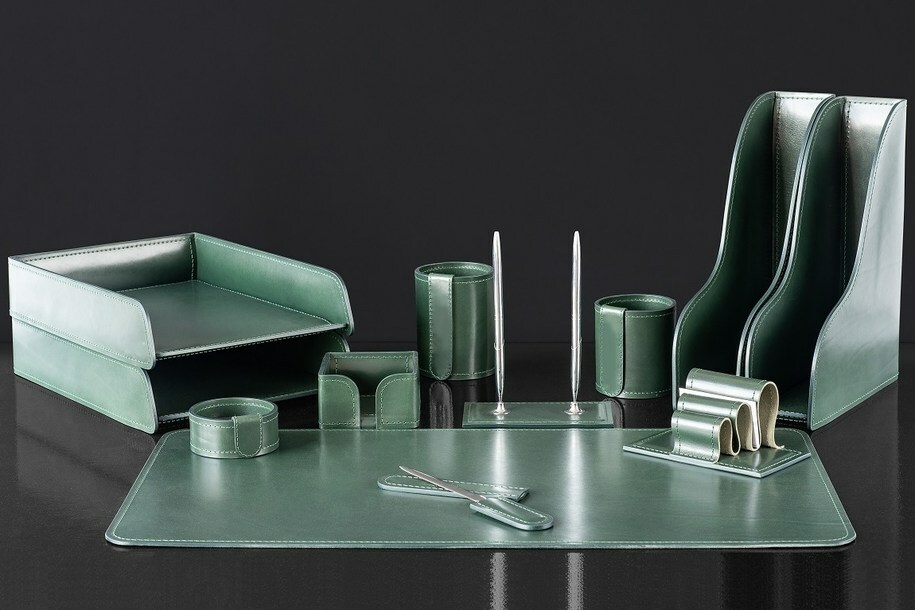 Настольный набор руководителя 12 предметов из кожи люкс Full Grain Green