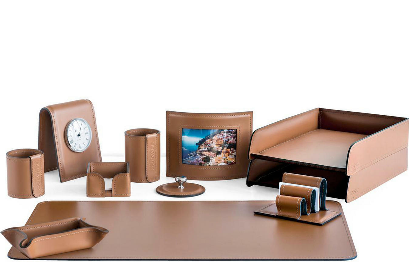 Настольный набор с часами и фоторамкой из кожи cuoietto табак