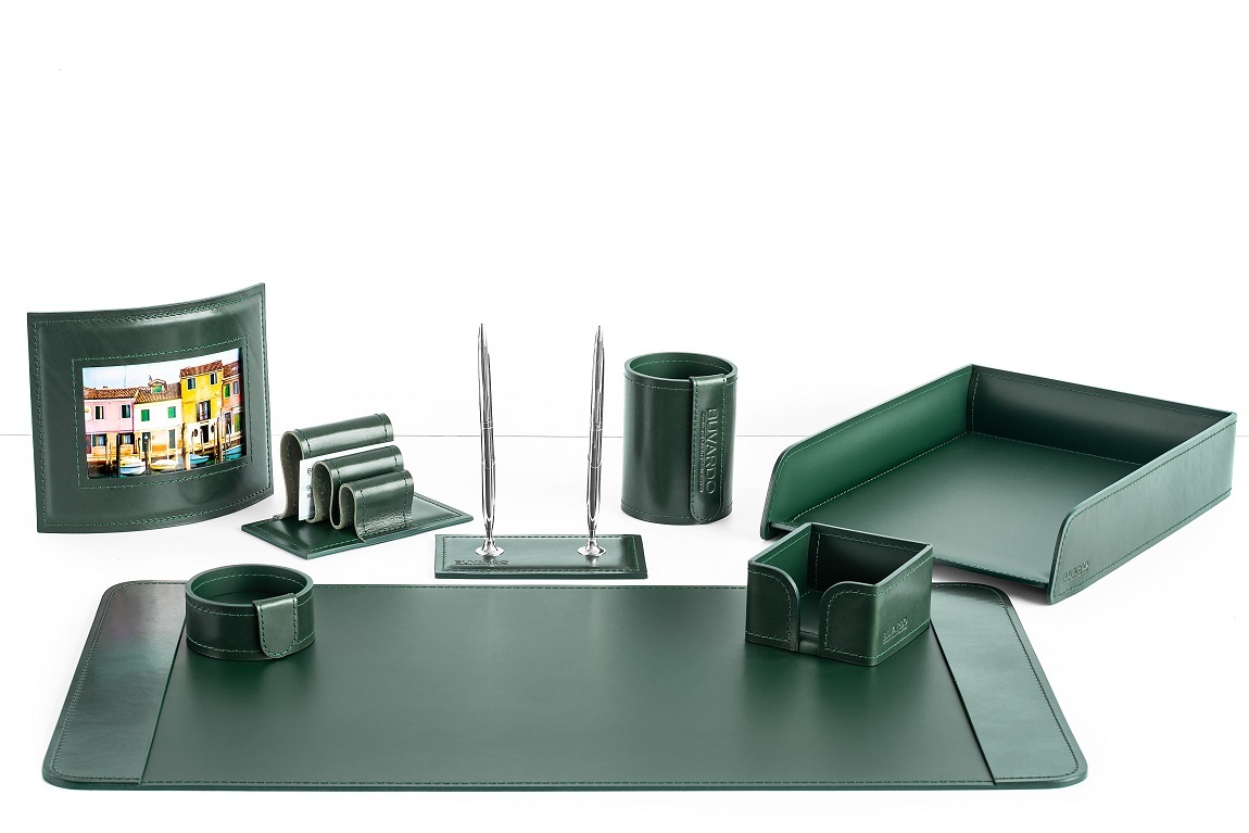 ПРЕМИУМ набор из кожи Full Grain Green  в сочетании с матовой зеленой кожей 8 предметов с фоторамкой
