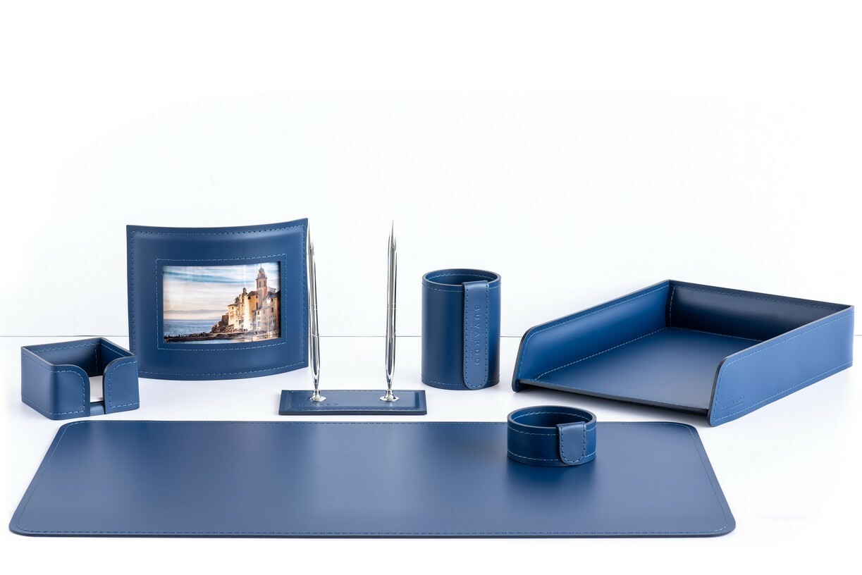 Подарочный канцелярский набор из кожи цвет сапфир 7 предметов