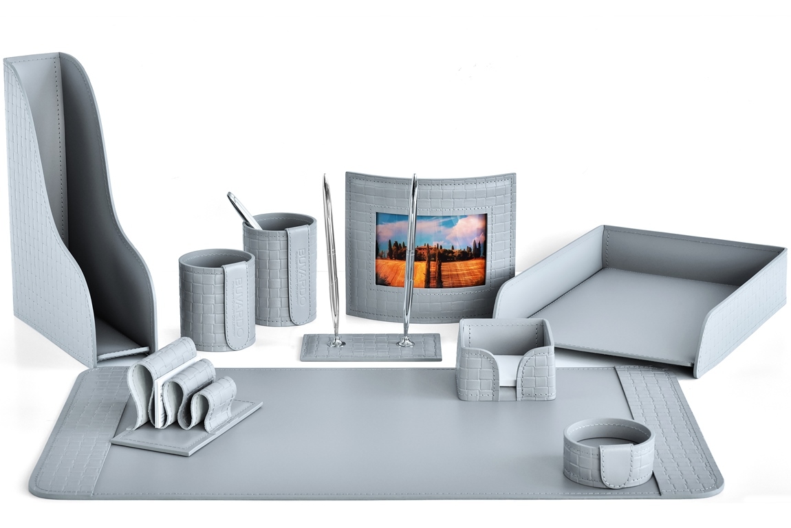 Набор настольный из кожи Treccia/серый 10 предметов с фоторамкой