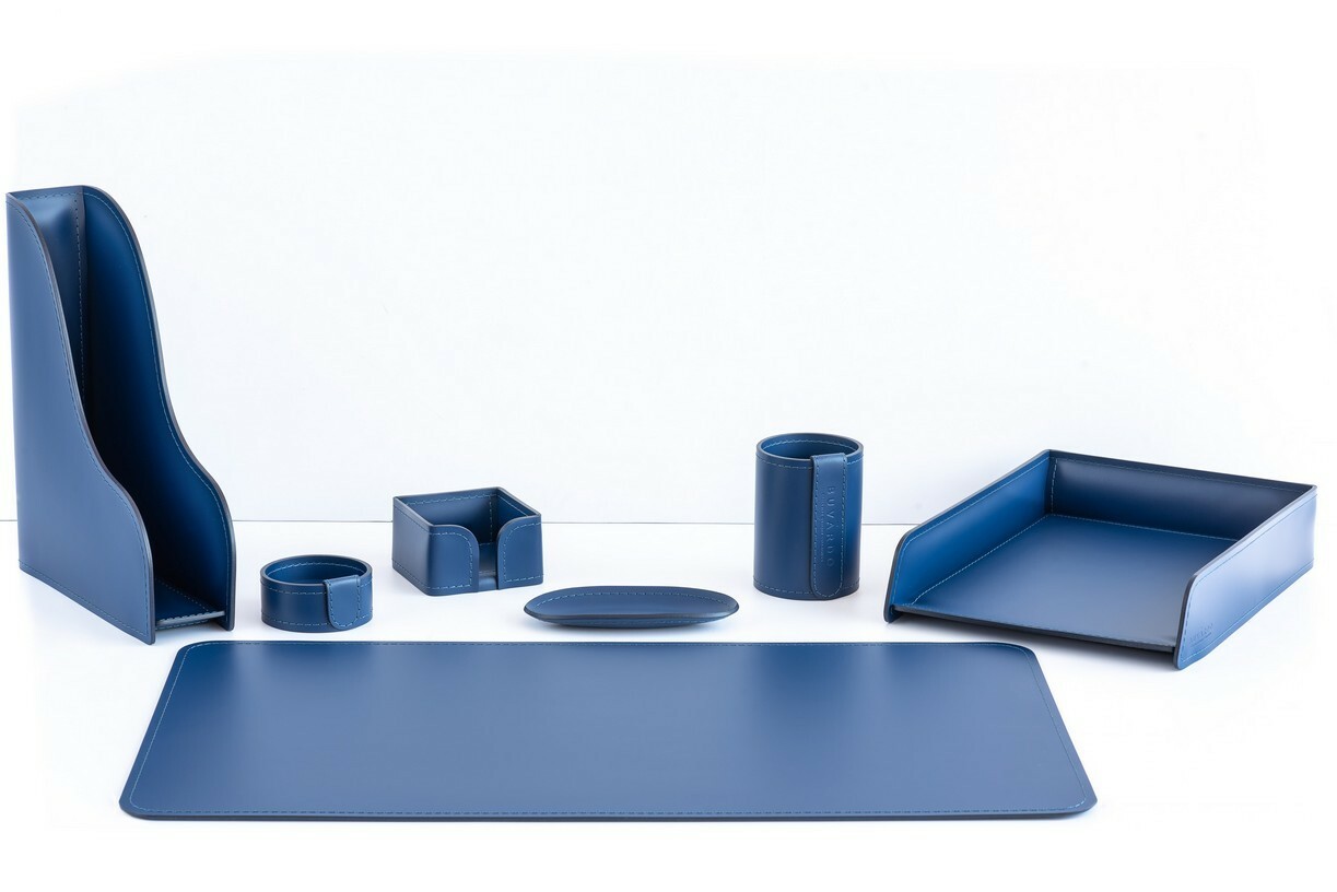 Синий кожаный письменный набор руководителя 7 предметов